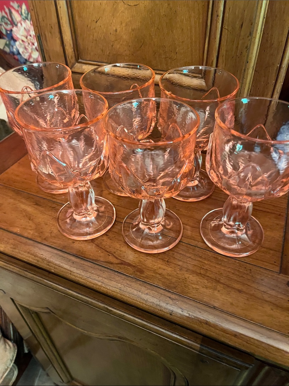 Elegant Pink Pressed-Glass Wine Goblets - Set of 6